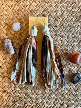 Handmade Neutral Multi-Strip Tassel Earrings in Cream, Brown & Copper